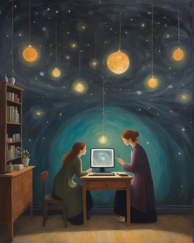 astronomers,sci fiction illustration,astronomer,children studying,astronomy,computer room,study room,the annunciation,computer,examining,world digital painting,computing,internet connection,magic book,computer addiction,fantasy picture,divination,book illustration,constellations,computer art,Illustration,Abstract Fantasy,Abstract Fantasy 15