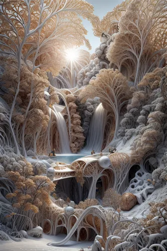 ice landscape,fantasy landscape,snow landscape,winter landscape,fantasy picture,snowy landscape,snow scene,fractals art,brook landscape,mountain spring,flowing water,christmas landscape,winter forest,fantasy art,fractal environment,mountain landscape,winter dream,mushroom landscape,snowdrift,winter background