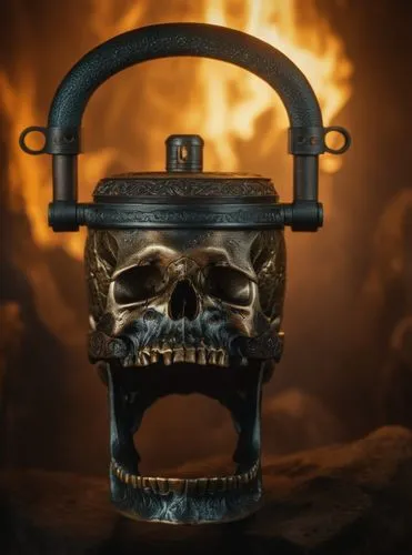  骷髅头,a tea pot that has a skeleton inside of it,cauldron,cauldrons,kerosene lamp,tin stove,brazier,cremation,Photography,General,Fantasy