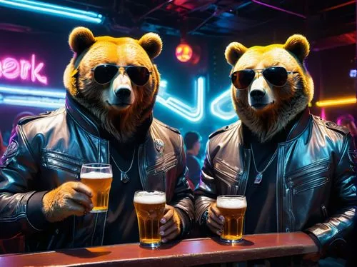 
two bears in jackets and sunglasses drink beer at the bar in a nightclub,two bears with sunglasses and jacket standing near a bar holding beer glasses,bearmanor,bearshare,the bears,bearman,neon drink