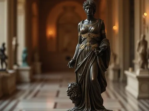 Bronze statue, luxurious, ancient Greece, ornate details, intricate patterns, goddess figure, flowing gown, curly hair, golden accessories, pedestal base, marble floor, museum interior, warm lighting,