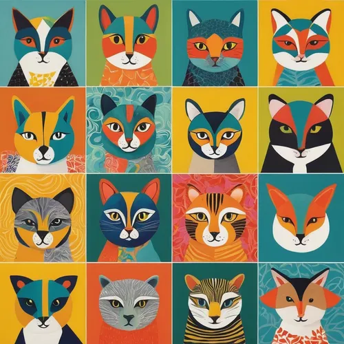 Design six adorable profile pictures with different animals.,animal faces,animal icons,fox stacked animals,foxes,animal shapes,animal stickers,vintage cats,cat vector,felines,anthropomorphized animals