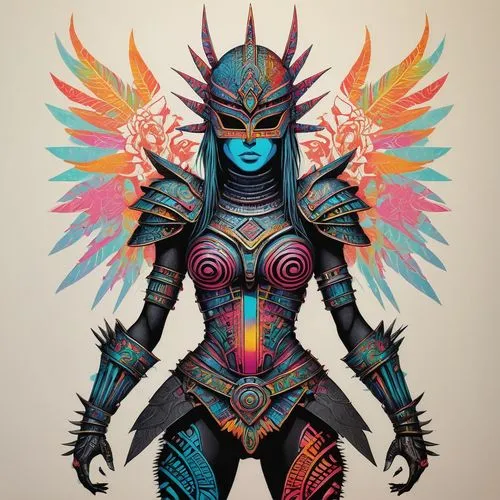 neon body painting,barda,nebula guardian,prismatic,female warrior,warrior woman,Illustration,Paper based,Paper Based 19