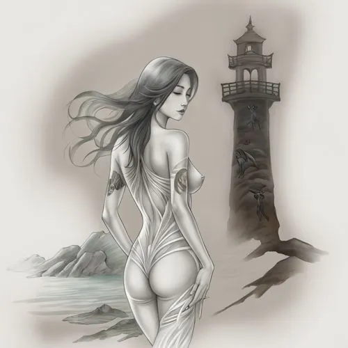 Passion Sexy Painting two,Naked Woman  Abstract Body Art Oil Painting,an image of a woman in her underwear standing next to a lighthouse,kuchel,cortana,kuanyin,qixi,dakini,asami,Illustration,Paper bas