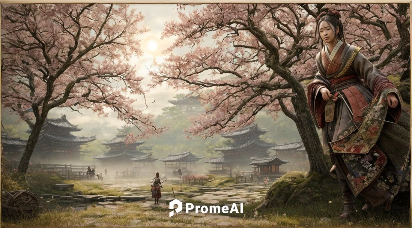  woman children ai summer queen in garden horse wagon ,japanese sakura background,sakura trees,sakura tree,spring background,springtime background,blossoming apple tree,the cherry blossoms,sakura back