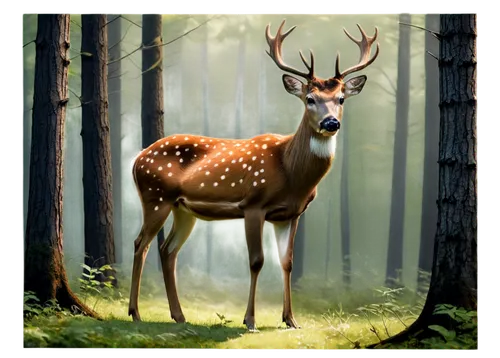 Majestic deer, forest habitat, solo, gentle eyes, brown fur, white spots, slender legs, sharp antlers, green leaves surroundings, morning mist, soft sunlight filtering through trees, 3/4 composition, 