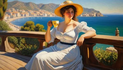 A realistic oil on canvas painting of a voluptuous woman, sitting on the boardwalk in Lamezia. She is enjoying a cup of gassosa al caffè and gazing out at the sea. The warm sunlight illuminates her fa