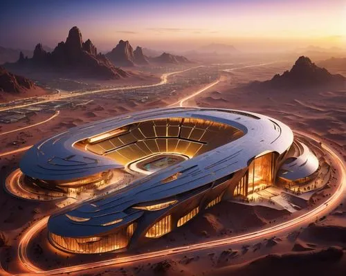 barsoom,sakhir,stadium falcon,futuristic landscape,stadiums,etihad,masdar,bonestell,futuristic architecture,qadsia,solar cell base,tatooine,ijtihad,cardassia,area 51,timna park,mongolia mnt,kingdome,homeworlds,stadia,Illustration,Japanese style,Japanese Style 05