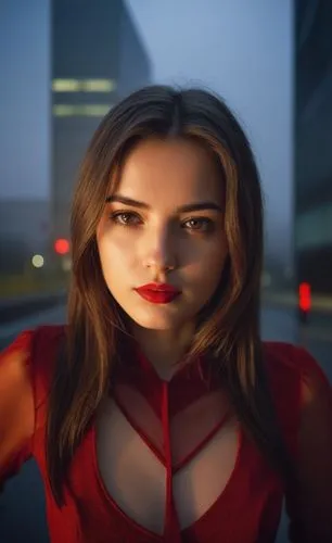 a portrait half body of caucasian girl 22 years old, brown hair, brown eyes, red lips, wearing a red dress stand up in a street of Madrid City close to metro station at sunset in a rainy day in4k,a wo