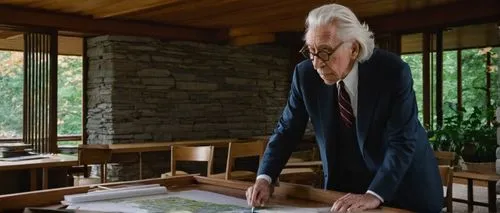 Frank Lloyd Wright, American architect, standing, 60yo, white hair, glasses, suit, tie, holding blueprints, pencil, looking at building model, desk, papers, books, wooden chair, natural light, office 