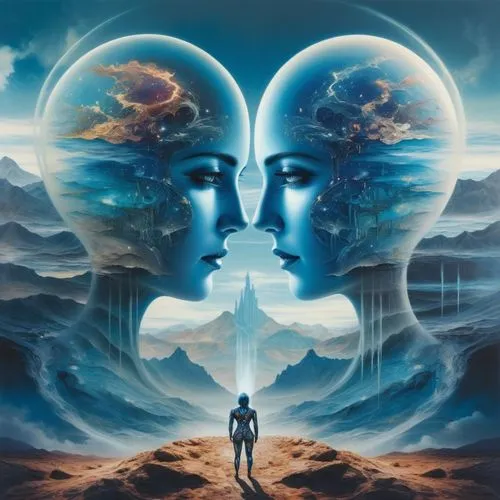 precognition,panpsychism,parallel worlds,mindspring,cognition,empath,transhumanists,psychosynthesis,consciousness,imaginacion,mindscape,two people,idealisation,psychodynamics,dualities,imaginal,envisioneering,dualism,equilibrium,telepath,Illustration,Abstract Fantasy,Abstract Fantasy 14