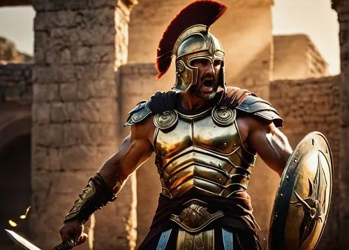 Fantasy arena, ancient ruins, mature muscular male, gladiator costume, metallic armor, sword, shield, intense facial expression, sweat droplets, strong physique, ripped muscles, golden accessories, la