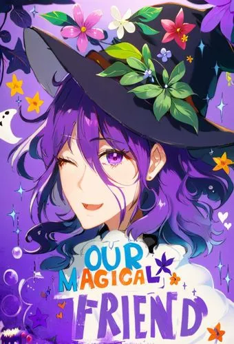 a female, on eye close, Purple hair and wearing hat with flower decoration, ghost vibes,a girl in purple and black hat with flowers,halloween banner,halloween witch,witch's hat icon,halloween backgrou