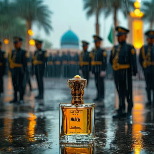 a bottle of match perfume sitting on the ground next to officers,attar,haramain,nizwa,najaf,nasimi,perfume bottle