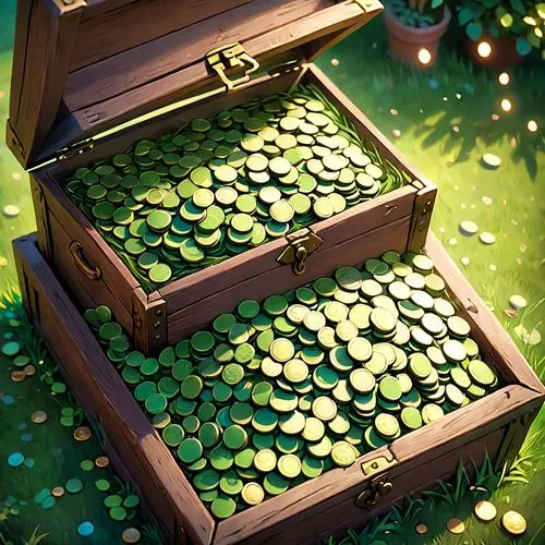 treasure chest,penny tree,pot of gold background,clovers,savings box,windfall,collected game assets,tokens,acorns,card box,pirate treasure,seedlings,money plant,seed stand,fairy lanterns,treasure,gift box,coins stacks,wishing well,moneybox,Anime,Anime,Cartoon