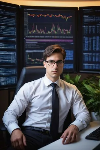 Modern database administrator, male, 30s, serious expression, glasses, short brown hair, formal attire, suit, white shirt, tie, sitting in front of a large screen displaying complex database schema, m