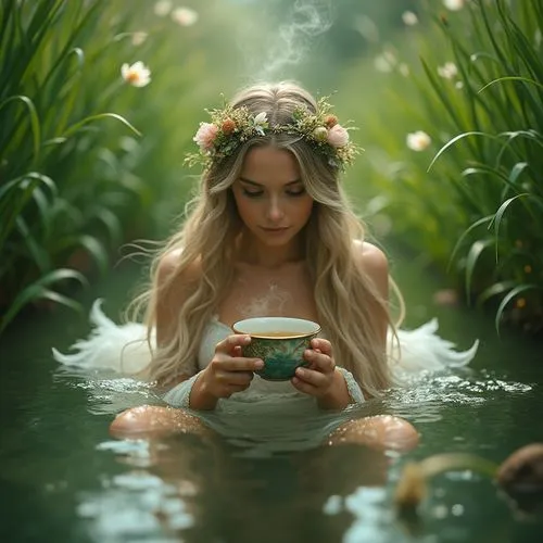 tea zen,kupala,woman drinking coffee,tea drinking,fantasy picture,flower tea