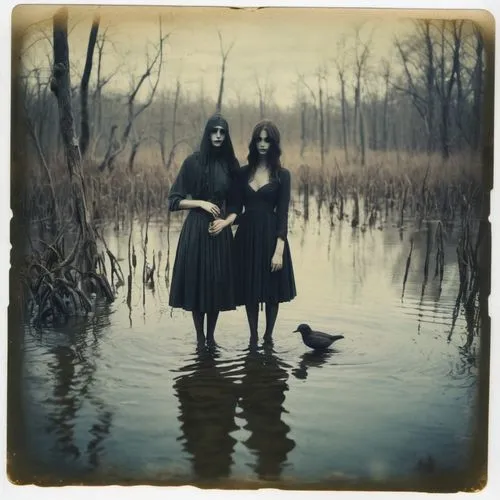 a couple of birds that are standing in the water, inspired by Brooke Shaden, tumblr, romanticism, eery dead swamp setting, recusion beeple, scary creatures in background, the witch conjure,covens,norn