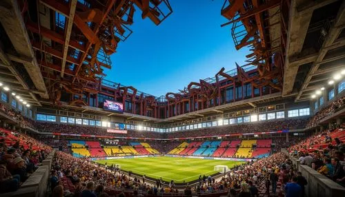 Vibrant soccer stadium, irregular shapes, fragmented forms, playful asymmetry, bold color blocking, eclectic mix of materials, exposed ductwork, unconventional angles, deconstructed columns, irreveren