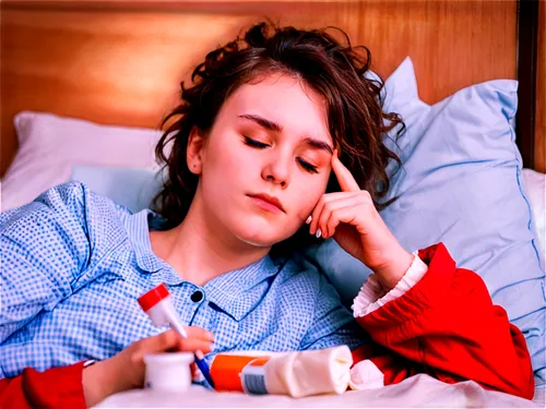 sick girl, lying on bed, messy hair, pale skin, dark circles under eyes, worn-out pajamas, sweat droplets on forehead, thermometer in mouth, box of tissues nearby, warm lighting, close-up shot, shallo