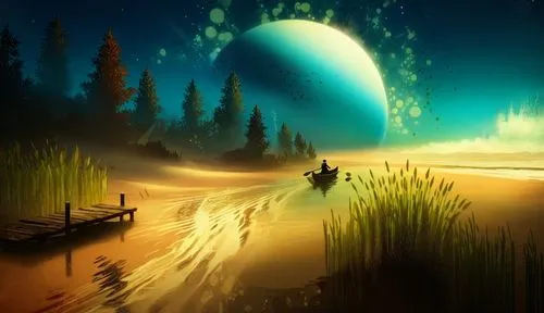 a man in a boat is on the lake by an oil painting,fantasy picture,fantasy landscape,world digital painting,alien planet,futuristic landscape,dreamscape,Illustration,Abstract Fantasy,Abstract Fantasy 1