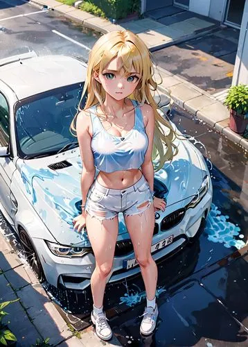 A beautiful young woman,long silky blonde hair, wearing a white tight crop top  with a deep revealing neckline paired with a white denim short shorts, sprayed with water from.head to toe, while washin