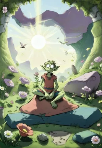 a fossilized figure sits in the middle of a lush green meadow, surrounded by blooming flowers. In the background, a lone angry elf grazes on the rocks. The sun's rays filter through the leaves above, 