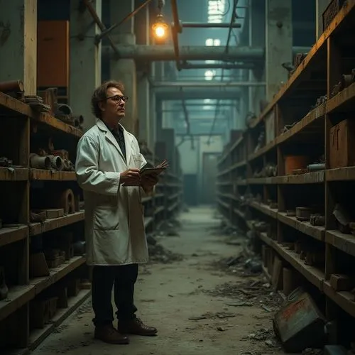 Industrial factory, abandoned complex, rusty machinery, worn concrete walls, dimly lit, single flickering light bulb, old wooden crates, scattered tools, dusty air, solitary figure in a white lab coat