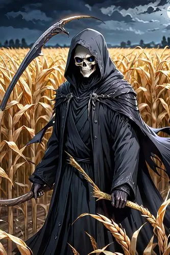 grimm reaper,grim reaper,reaper,scarecrow,wheat field,scythe,wheat crops,wheat fields,field of cereals,corn field,grain field,strand of wheat,khorasan wheat,maize,barley field,strands of wheat,straw field,seed wheat,corn stalks,harvested,Anime,Anime,General