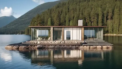 THE LAKE HOUSE RESTS ON A ROCK BASE CONNECTED TO THE FOREST, THE VIEW OF THE LAKE HOUSE IS SEEN FROM THE LAKE
,house with lake,house by the water,lago grey,floating huts,snohetta,amanresorts,house in 