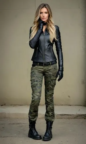 Female actress portraying 'female protagonist - adventure'. badass femme fatale, better pose, no mutation

A blonde lady

Wearing black leather jacket, black gloves, olive camo combat cargo pants + bl