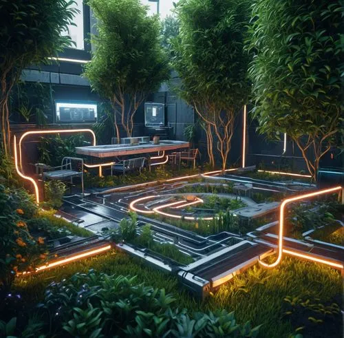 an futuristic garden features lights and tables,garden design sydney,autopia,landscape design sydney,japanese zen garden,zen garden,ambient lights,Photography,General,Sci-Fi