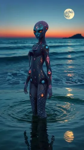 A beautiful Heroic Queen full-body portrait of a slender and graceful humanoid Aquatic Alien Avatars covered in symmetrical reflective pattern scales and shimmering mercury and water like a seabed cre