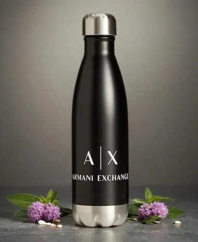 a black and silver water bottle with purple flowers around it,flask,aftershave,akqa,axa,axions,oxygen bottle