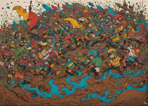 An adrenaline-pumping race through muddy terrains.,khokhloma painting,landfill,anthill,buzkashi,mound of dirt,debris,the pied piper of hamelin,mud village,cover,migration,paella,amano,ancient parade,p