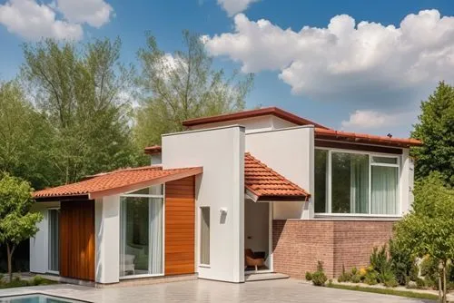 CASA  NUEVA DE DISEÑO MODERNO CON  TEJA EN CUBIERTA , VISTA DE DIA , GRAN CANTIDAD DE LUZ  , MANTENER LOS VOLUMENES ,an all white, modern house with a pool in front,mid century house,modern house,hous