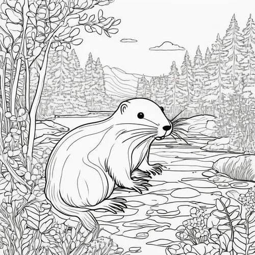 beaver outline black and white coloring book,an adult beaver sitting on top of a body of water surrounded by trees,wilderotter,beaver rat,moomin,nutria,coypu,beaver,Illustration,Children,Children 06