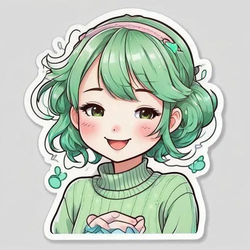 A detailed sticker design of a Kawaii-style girl, wearing a pastel green jumper, winking, cute accessories, hand-drawn quality, against a white backdrop. Created Using: manga art style, soft pastels, 