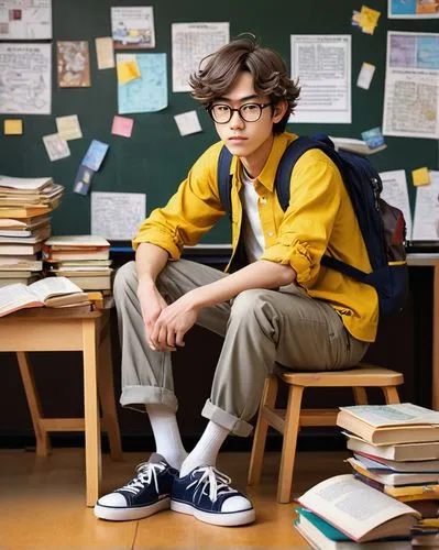 Nerdy anime guy, thin build, messy brown hair, black framed glasses, acne on forehead, yellow shirt with pockets, grey pants, white sneakers, backpack with anime figurines, sitting on a wooden chair, 