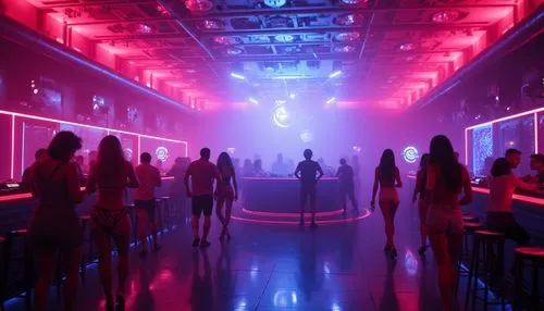 Neon-lit nightclub, postmodern architecture, futuristic interior, flashing LED lights, strobe lights, fog machines, DJ booth, turntables, vinyl records, loudspeakers, dance floor, mirrored ceiling, gl