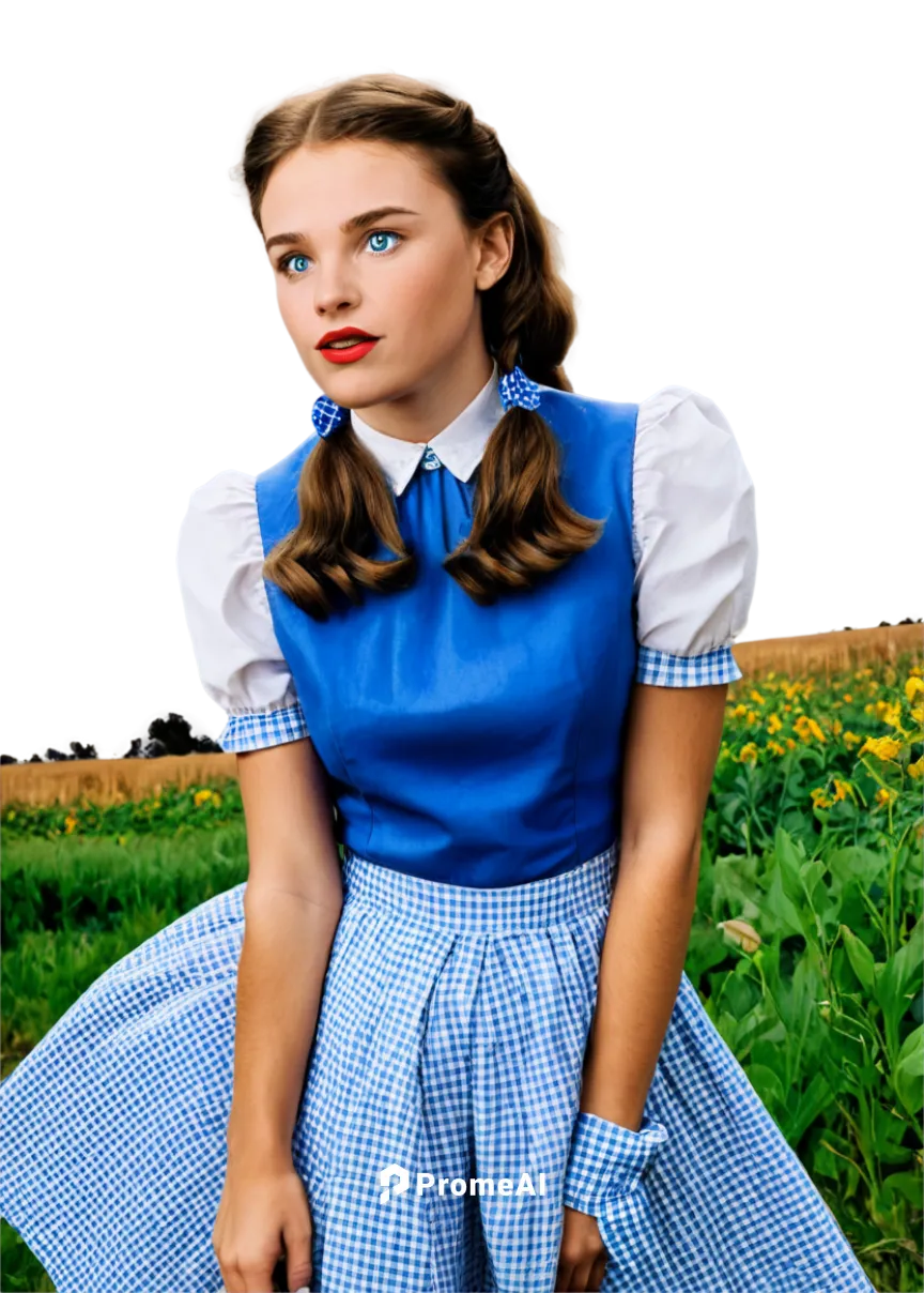 Wizard of Oz, Dorothy Gale, Kansas girl, curly brown hair, bright blue eyes, white blouse, blue gingham dress, tornadic whirlwind, dark clouds, debris swirling around, wooden farmhouse, destroyed land