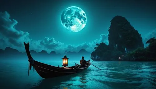 fantasy picture,moonlit night,boat landscape,fantasy landscape,adrift,emerald sea,voyage,blue moon,seadrift,moonlight,moonlit,sea night,voyaging,fantasy art,sailing,night scene,light of night,voyages,sailing boat,moonesinghe,Photography,General,Fantasy