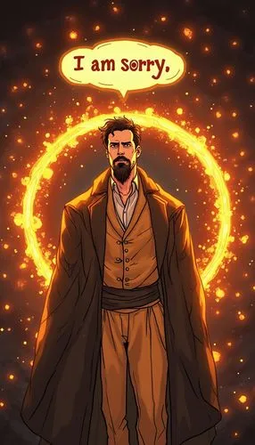 Draw in anime style: An image of a goatee Doctor Faustus is surrounded by a glowing amber arcane circle. A bubble of lettering floating above his head says, "I am sorry",a man standing in front of a f