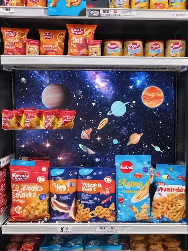 supermarket shelf,deep space,cereals,the milky way,milky way,milkyway,product display,planets,star kitchen,galaxy types,cartoon chips,crispbread,out space,space,astronomical,space art,galaxy,large space,saturnrings,starscape,Conceptual Art,Sci-Fi,Sci-Fi 30