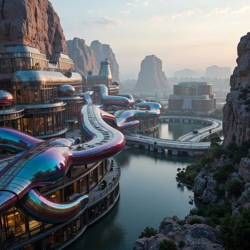 futuristic landscape,futuristic architecture,futuristic art museum,arcology,naboo,houseboats,imagineering,teacups,monorail,boat rapids,shanghai disney,alien world,futuristic,skycycle,alien ship,sky space concept,elves flight,megaships,sea fantasy,the disneyland resort