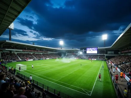 Floodlit soccer stadium, vibrant green grass, evening atmosphere, dramatic shadows, high-intensity LED lights, uniform illumination, 3000K warm white tone, glare-free lighting, spectator seating areas