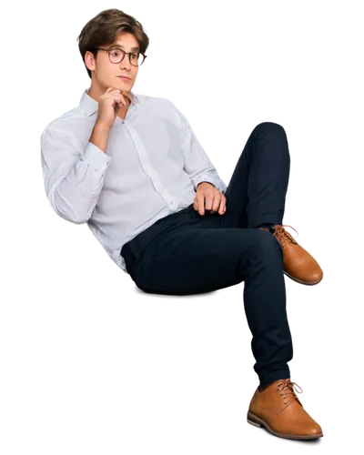 Young man, masterbation, solo, (20yo), messy brown hair, glasses, white shirt, unbuttoned, black pants, sitting, legs crossed, hand on chin, thinking pose, realistic, softbox lighting, shallow depth o