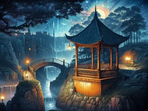 a painting of a gazebo sitting by the river,dragon bridge,fantasy picture,night scene,illuminated lantern,oriental lantern,fantasy landscape,Illustration,Realistic Fantasy,Realistic Fantasy 25