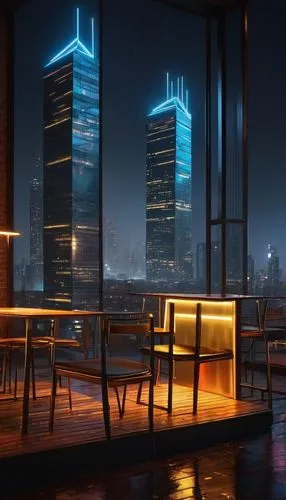 rain bar,cityscape,skyscrapers,piano bar,evening atmosphere,city at night,skybar,night scene,penthouses,urban towers,barstools,chairs,ambient lights,sky apartment,songdo,bar stools,evening city,terrazza,neon cocktails,city corner,Conceptual Art,Oil color,Oil Color 18