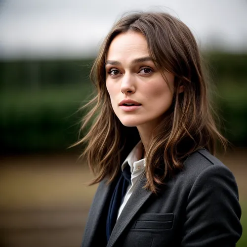 Keira Knightley 21-year-old, inquisitive expression (Nikon PC 35mm f2.8),british actress,daisy jazz isobel ridley,veronica,head woman,madeleine,overcoat,black coat,bolero jacket,semi-profile,lena,leat